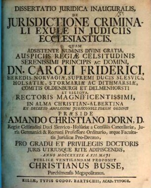 Diss. iur. inaug. de iurisdictione criminali exule in iudiciis ecclesiasticis