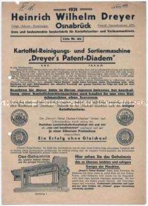 Kartoffel-Reinigungs- und Sortiermaschine "Dreyer's Patent-Diadem"