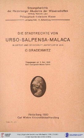 1920, 17. Abhandlung: Sitzungsberichte der Heidelberger Akademie der Wissenschaften, Philosophisch-Historische Klasse: Die Stadtrechte von Urso, Salpensa, Malaca
