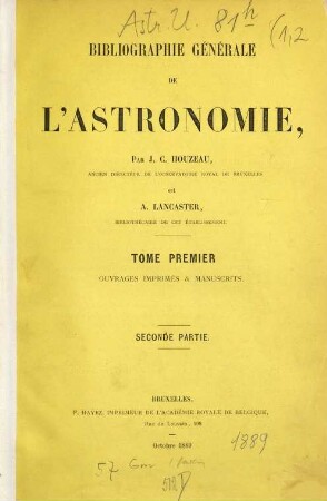 Bibliographie générale de l'astronomie, 1,2. Ouvrages imprimés & manuscrits ; Pt. 2