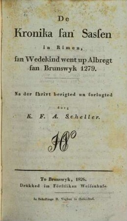 De Kronika fan Sassen in Rimen, fan Wedekind went up Albregt fan Brunswyk 1279