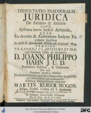 Dissertatio Inauguralis Juridica De Arbitrio & Arbitris Sive Systema breve Judicii Arbitralis