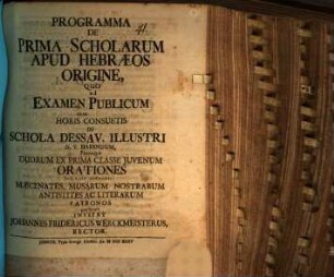 Pr[ogramma] de prima scholarum apud Hebraeos origine