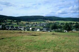 Ortsansicht und Landschaft, hinten Bergrücken mit Wald