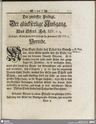 Die zwölffte Predigt. Der glückseelige Ausgang. Aus Offb. Joh. XIV. V. 3