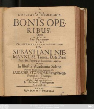 Disputatio Theologica. De Bonis Operibus