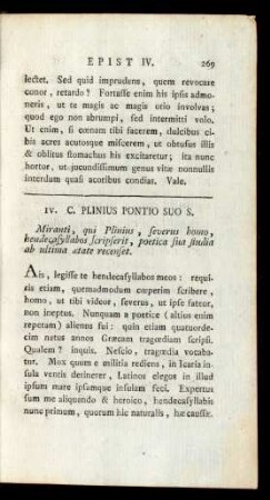 IV. C. Plinius Pontio Suo S.