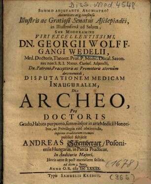 Disputationem Medicam Inauguralem, De Archeo