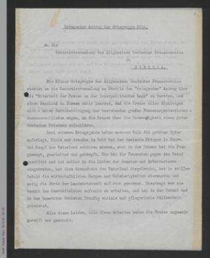 Antrag der Kölner Ortsgruppe betr. Mitarbeit der Frauen an der innerpolitischen Lage - Aufklärung zur Notwendigkeit eines guten deutschen Friedens