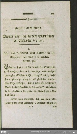 Zweyte Abtheilung. Versuch über verschiedene Gegenstände der Elektrizitäts-Lehre