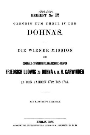 Beih. 12: Aufzeichnungen über die Vergangenheit der Familie Dohna. Beih. 12