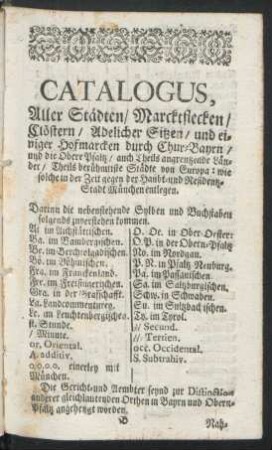 Catalogus, Aller Städten/ Marcktflecken/ Clöstern ...