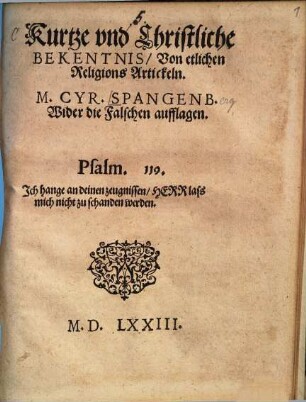 Kurtze vnd Christliche Bekentnis, Von etlichen Religions Artickeln : Wider die Falschen aufflagen
