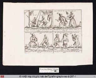Zanni mit Pantalone, der in einer Schaukel sitzt; Pantalone verkleidet als Frau in Begleitung von Zanni; Der Kaufmann und sein Diener neben einer Feuerstelle beim Reiben eines Kaiselaibs; Zanni tanzt zusammen mit einem Esel zu der Musik Pantalones.
