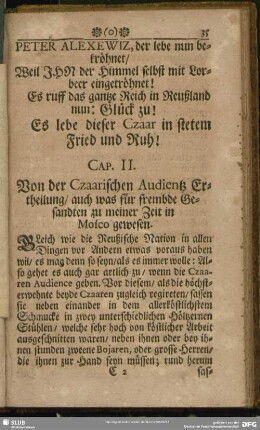 Cap. II. Von der Czaarischen Audientz Ertheilung, auch was für frembde Gesandten zu meiner Zeit in Mosco gewesen