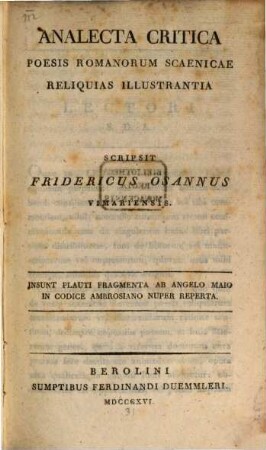 Analecta critica poesis Romanorum scaenicae reliquias illustrantia