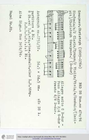 Sinfonia / a / 2 Clarin / Tympan / 2 Violin / Viola / e / Cembalo / [Incipit] / Christoph Graupner.