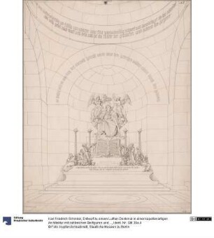 Entwurf zu einem Luther-Denkmal in einer kapellenartigen Architektur mit zahlreichen Beifiguren und Engeln, die den Reformator bekrönen
