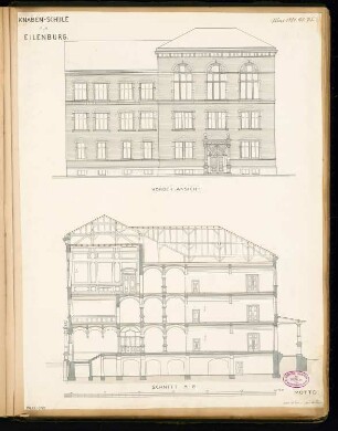 Knabenschule, Eilenburg Monatskonkurrenz Juni 1881: Aufriss Straßenansicht Wilhelmstraße, Längsschnitt; Maßstabsleiste