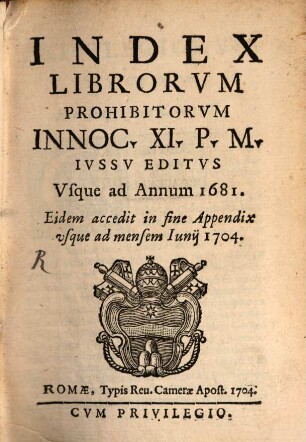 Index Librorum prohibitorum : usque ad annum 1681 Auctt. Innoc. XI.