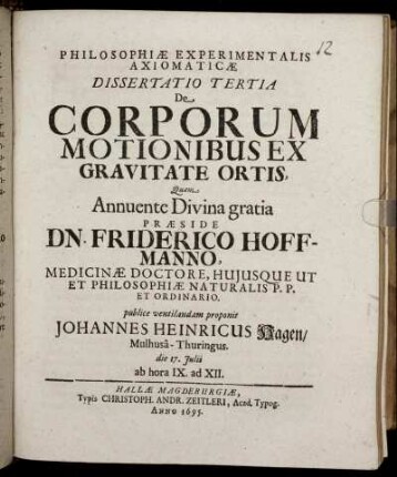 Philosophiae Experimentalis Axiomaticae Dissertatio Tertia De Corporum Motionibus Ex Gravitate Ortis