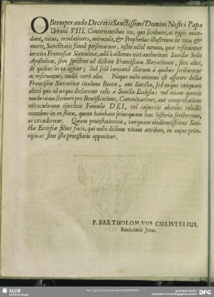 Obtemper ando Dectries Sanctissimi Domini Nostfi Papae Urbani VIII.