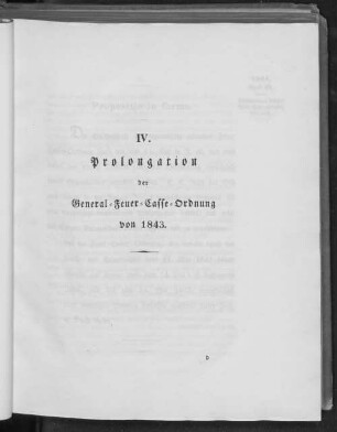 IV. Prolongation der General-Feuer-Casse-Ordnung von 1843.
