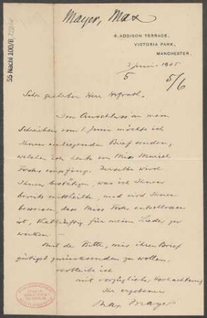 Brief an Ludwig Strecker  und B. Schott's Söhne : 03.06.1905