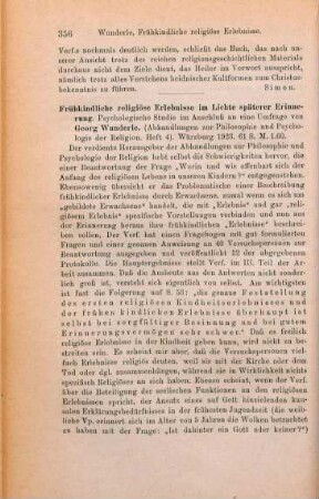 356-357 [Rezension] Wunderle, Georg, Frühkindliche religiöse Erlebnisse im Lichte späterer Erinnerung