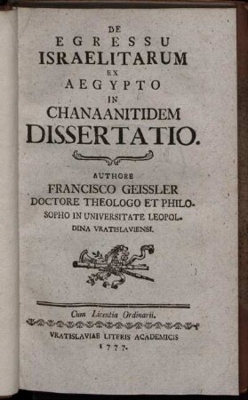 De Egressu Israelitarum Ex Aegypto In Chanaanitidem Dissertatio