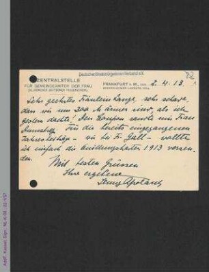 Postkarte von Jenny Apolant an Helene Lange