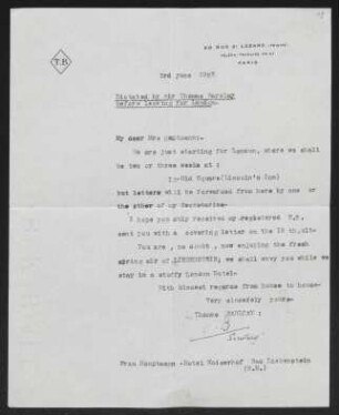 Brief von Thomas Barclay an Margarete Hauptmann