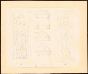Tiaren und Reliefs von Erzbischöfen von Trier: Ansicht dreier Tiaren der Bischöfe Albero, Theoderich II, Arnold II und zweier (Sarkophag?) Reliefs der Bischöfe Albero und Boemund II
