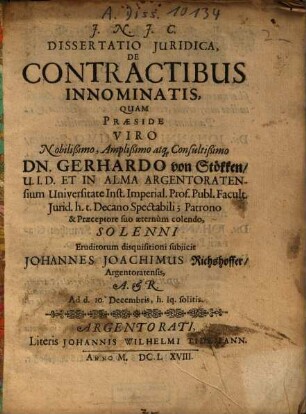 Dissertatio Iuridica de contractibus innominatis