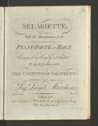 Sei Ariette : with an Accompaniment for the pianoforte or harp