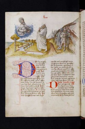 Kolorierte Federzeichnung: Gott spricht zu Moses