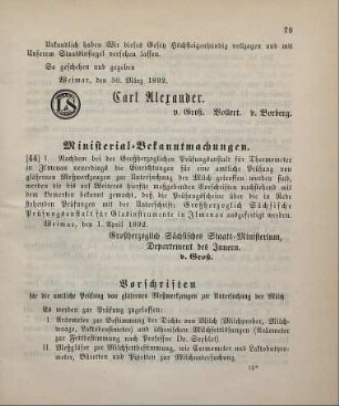 44. Ministerial-Bekanntmachung, die Vorschriften für die amtliche Prüfung von gläsernen Meßwerkzeugen zur Untersuchung der Milch bei der Großherzoglichen Prüfungsanstalt für die Thermometer in Ilmenau betreffend
