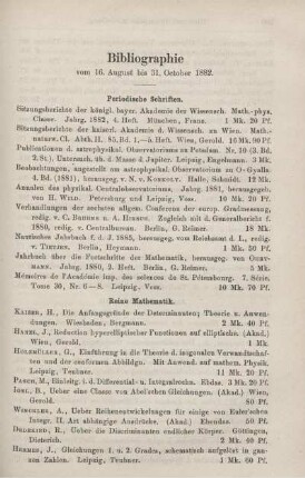 Bibliographie vom 16. August bis 31. October 1882.