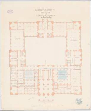 Gebäude für die Vereinigten Großherzoglichen Sammlungen (Kunst, Münzen, Bibliothek, Naturwissenschaften), Karlsruhe: Grundriss für Raumnachweis und Heizung, EG