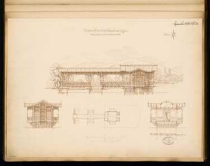 Badeanlage Monatskonkurrenz Dezember 1878: Grundriss, Aufriss Seeansicht, Seitenansicht, Querschnitt; 2 Maßstabsleisten