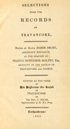 [No. 1]: Memoir of Travancore, historical and statistical