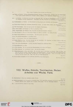 VIII. Waffen, Gobelin, Textilsachen, Fächer, Arbeiten aus Wachs, Varia (Nr. 622-644)