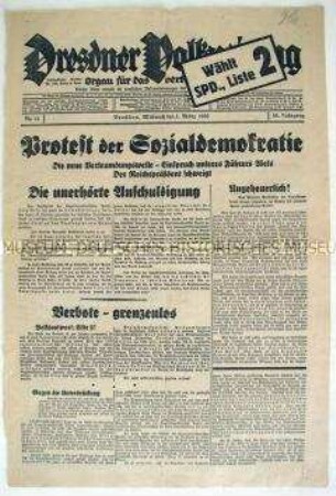 Titelblatt der regionalen Tageszeitung der SPD "Dresdner Volkszeitung" zum Terror der Hitler-Regierung nach dem Reichstagsbrand