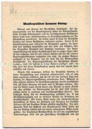 Sonderdruck mit dem Text der Antrittsrede von Ministerpräsident Göring vor dem Preußischen Landtag im März 1933
