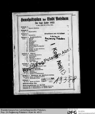 Haushaltsplan der Stadt Potsdam für das Rechnungsjahr 1922