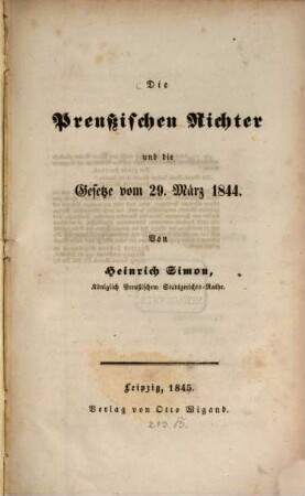 Die Preussischen Richter und die Gesetze vom 29. März 1844