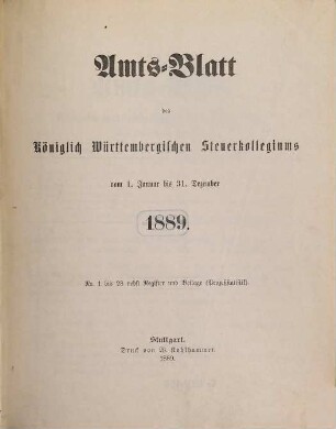 Amtsblatt des Württembergischen Steuerkollegiums. 1889