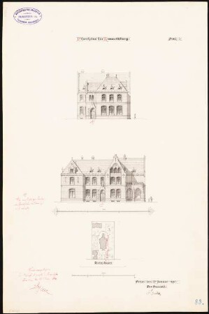 Pfarrhaus der Erlöserkirche, Berlin-Rummelsburg: Lageplan, 2 Ansichten