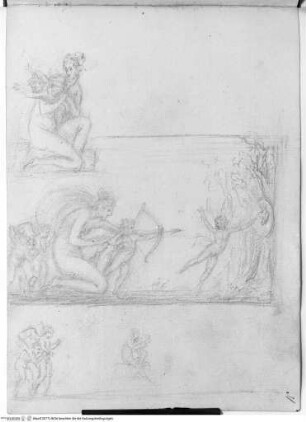 Skizzenbuch, Oben: Züchtigung Amors durch Venus; unten: Venus lehrt Amor schießen