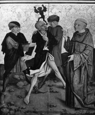 Leonhard heilt einen Besessenen : Leonhardzyklus. Leonhard heilt einen Besessenen. Tafelmalerei (1446/1455). Bad Aussee, Kalvarienbergkapelle Sankt Leonhard